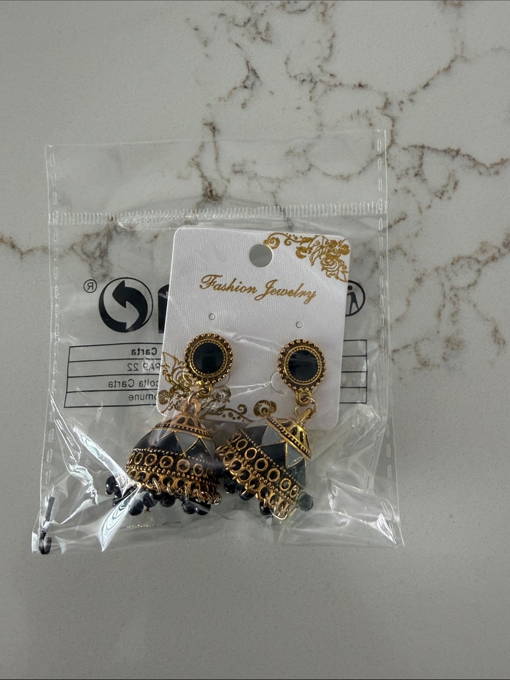 Fashion Jewelry Black and Gold Jhumki Earrings with Bead Fringe